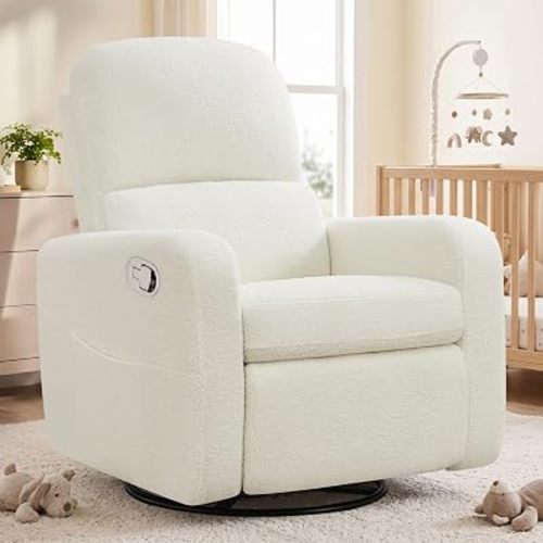 Swivel Rocker Recliner, Oversized Boucle Glider Recliner Nursery, Teddy Manual Swivel Rocking Reclining Chairs with Removable Cushion and Lumbar Support for Nursery Living Room Bedroom, White