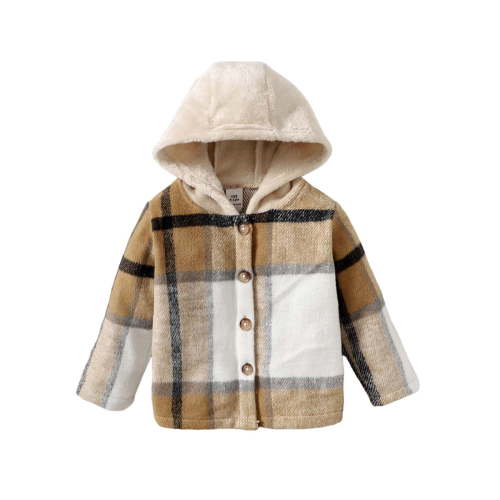 Kucnuzki 6 Months Baby Boy Winter Tops Baby Boy Coats 9 Months Long Sleeve Checkboards Prints Button-Up Hoodie Coat Brown