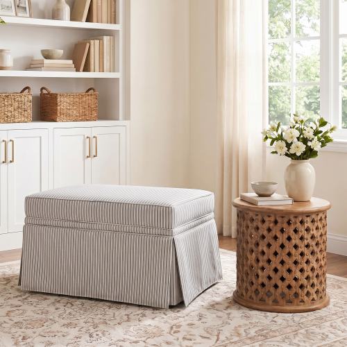 Skirted Rectangular Flip-Top Storage Ottoman - Pinstripe Green