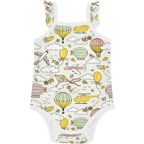 Aflyko Baby Girls' Bodysuit Cartoon Airplane Cloud Hot Air Balloon Sleeveless Ruffle Newborn Cotton Clothes