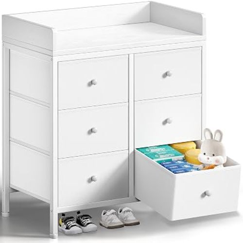 Baby Changing Table Dresser - 6 Fabric Drawers Top Diaper Changing Station with Storage for Modern Nursery,White