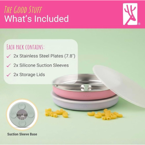 Elk and Friends 2-Pack Stainless Steel Divided Plates with Silicone Sleeve for Babies & Toddlers | Lids Included | Stay Put Suction | Dinner & Snack Plates