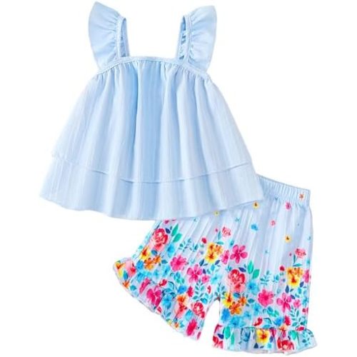 Jecson Toddler Girl Outfits Baby Girl Summer Clothes Sleeveless Ruffle Dress Tops and Shorts Clothing Sets 12M-4Y