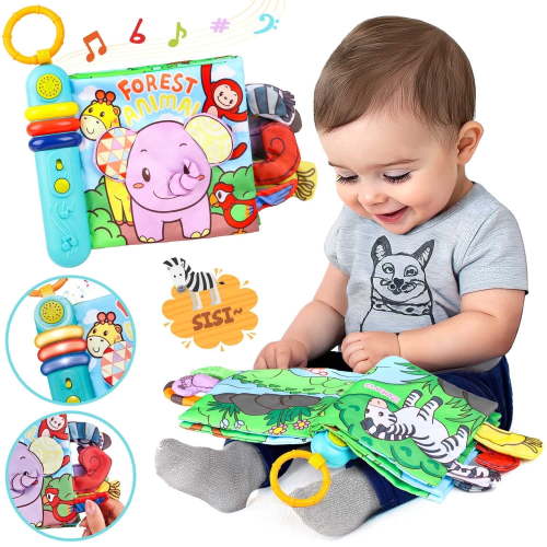 Hot Bee Musical Cloth Book Toy, Soft Crinkle Book with Animal Sounds & 3D Tails, Tummy Time Book Sensory Toy for Kids, Tear-Resistant Fabric, Girl Boy Easter Christmas