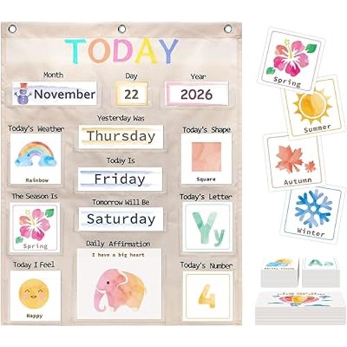 Daily Morning Board Circle Time Calendar Weather Seasons Positive Affirmations Letter Shape Number of the Day Pocket Chart,Toddler Preschool Calendar,Homeschool Morning Work Activity, Pastel Design