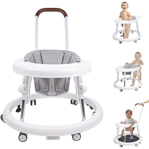 Baby Walker with Wheels, 3 in 1 Activity Center with Mute Wheels Anti-Rollover, 9-Gear Height Adjustable Foldable Baby Walker for Boys and Girls from 6-18 Months with Push Handle, Footrest