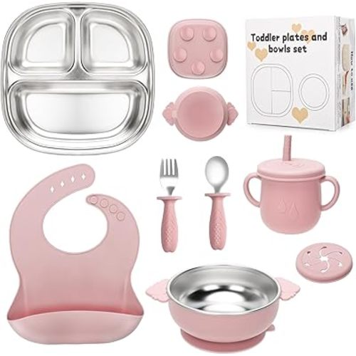 Stainless Steel Kids Plates and Bowls Set with Suction, Divided Baby Plate and Toddler Bowl with Removable Silicone Suction,Stainless Steel Weaning Bundle, Silicone Baby Feeding Set (Pink)