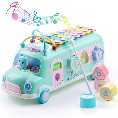 Baby School Bus Xylophone Toy for Toddlers 1-3, 5-in-1 Montessori Musical Bus Toys Gifts for 1 Year Old Baby Girl, Shape Sort Toys Knocking Xylophone Educational Instruments Birthday Gift Boy Girl