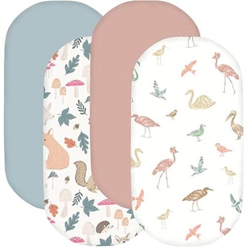 Little Grape Land Bassinet Sheets Neutral 4 Pack, Soft Microfiber Cradle Sheets 33"x18"x4", Birds, Forest Friends, Dusty Rose, Breathable Baby Bedding for Boys & Girls