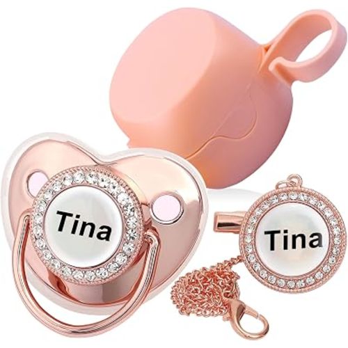 Personalized Pacifier with Name, Bling Gold Pacifier Clip Set Storage Box, Customized Halloween and Christmas Glitter Crystal Luxurious Soother Ideal Gift for Baby Shower Photography Newborn (Pink)