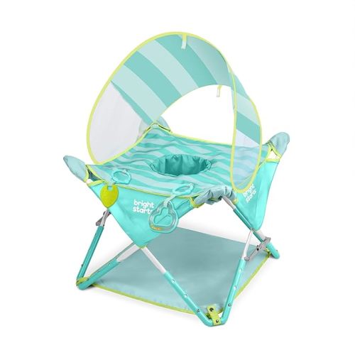 Bright Starts Pop 'N Jump Portable Baby Activity Center, Indoor Outdoor Use, Lightweight, Carrying Bag, Canopy, 6-12 Months - Sky Stripes Blue