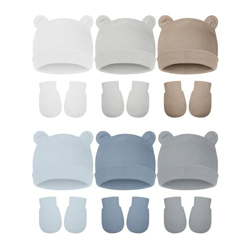 Geyoga 12 Pieces Newborn Hat Mittens Gloves Set Baby Boys Girls Cotton Baby Beanie for 0-12 Months