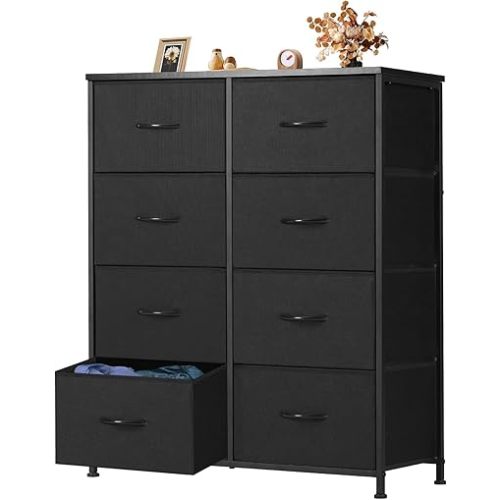 OLIXIS Dresser for Bedroom,8 Storage Fabric Drawers, Metal Frame and Wooden Top, Tall Storage Drawer Dresser for Closet with Easy Pull Handles for Living Room, Entryway, Small Space Black
