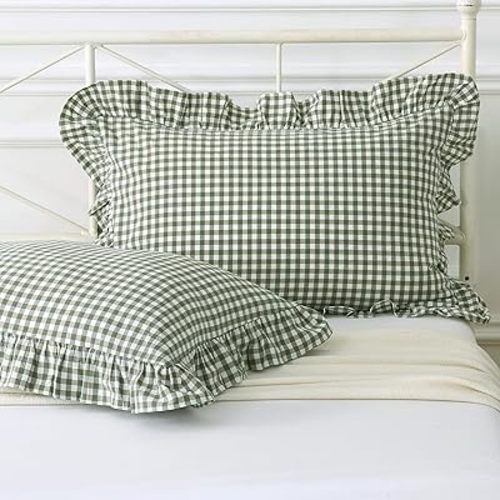 Sage Green/White Plaid Ruffled Queen Size Pillow Shams Set of 2,Washed Cotton Shabby Checkered Gingham Farmhouse Bed Pillow Covers 20"x30"
