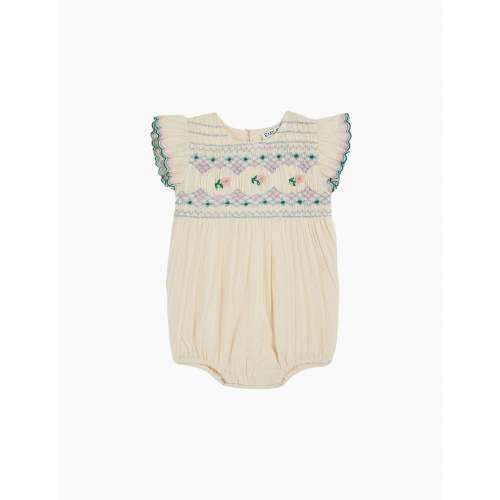 Embroidered Smocked Romper in Ecru