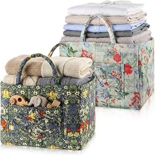 2 Pcs Quilted Fabric Storage Basket with Handles 13"x11"x10.6" Boho Foldable Floral Laundry Organizer Bin for Home Picnic Shopping Travel