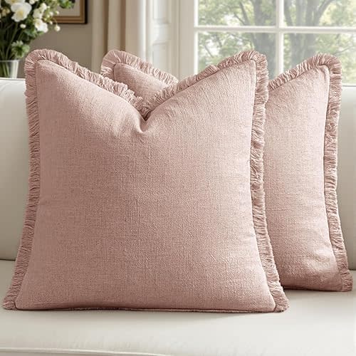 Woaboy Decorative Linen Fringe Throw Pillow Covers Boho Farmhouse Soft Cushion Covers Accent Pillows with Tassels Valentines Home Decor for Living Room Couch Sofa Bed,18x18 Inch Set of 2,Light Pink