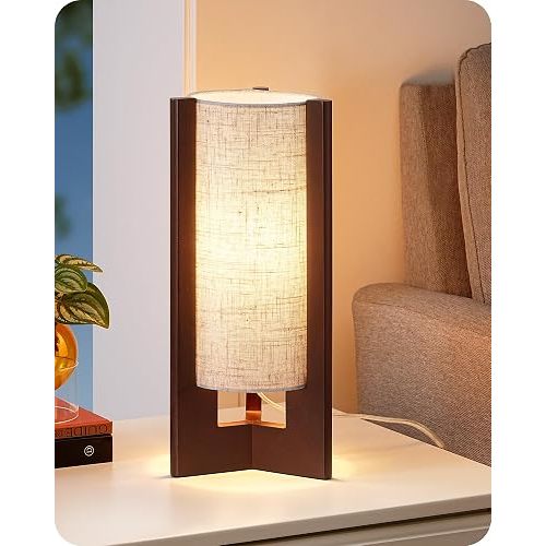 EDISHINE Wood Table Lamp, 13.5" Small Bedside Lamp, Rosewood, E26 Base