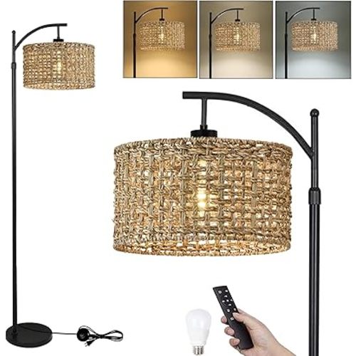 Arc Floor Lamp for Living Room with Remote Control,Farmhouse Boho Floor Lamps with 3 Color Temperature,Rustic Standing Lamp with Rattan Wicker Shades,Adjustable Tall Lamp for Bedroom,Office,Reading