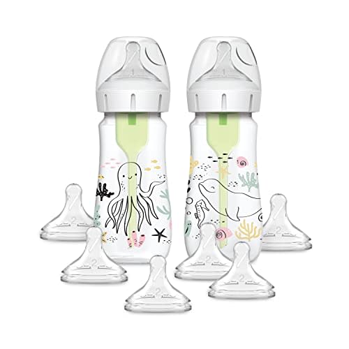 Dr. Brown’s Natural Flow® Anti-Colic Options+™ Wide-Neck Baby Bottle Designer Edition Bottles, Ocean Decos, 9 oz/270 mL, Level 1 Nipple, 2-Pack, 0m+ with 6-Pack Level 2 Nipples