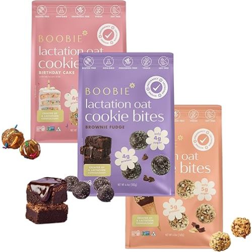 Boobie Lactation Cookies, Birthday Cake + Chocolate PB + Brownie Fudge | Vegan, Gluten-Free, Dairy-Free, Soy-Free Plant-Based Protein + Prebiotics | 5g Sugar, Non-GMO, Kosher - 7 servings, 3 packs