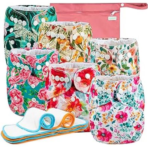 Wegreeco Cloth Diapers 6 Pack with Inserts & Wet Bag, Washable Reusable Diapers for Babies, One Size Adjustable (Chinese Rose)