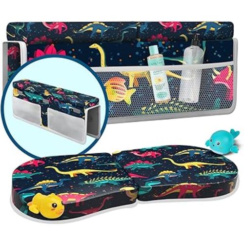 Baby Bath Kneeler and Elbow Rest Pad 2 Pieces Set with 3 Spacious Pocket to Organize Baby Acessories, 1.5" Thick Non-Slip, Soft, Fast-Drying Foldable Toddler Bath (Multi-Color Dino)