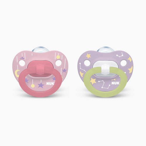 NUK Glow-In-The-Dark Orthodontic Pacifiers (2 Pack) - Pink Stars, 0-6 Months