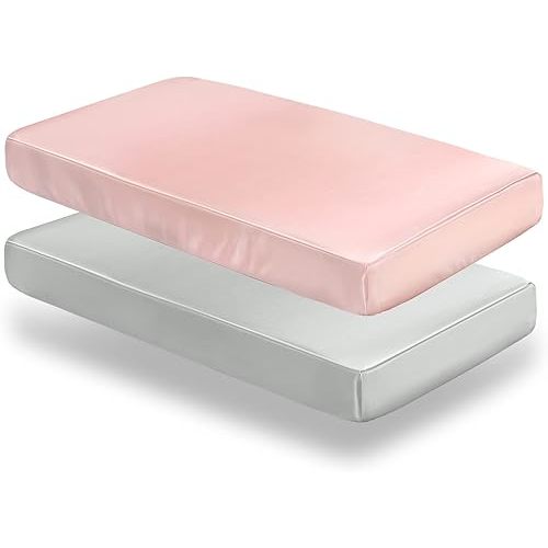 SiinvdaBZX 2 Pcs Satin Mini Crib Sheets 38 x 24In, Silky Soft Mini Portable Crib Sheets Mattress Cover Portable Playard Sheets with 5In Deep Pocket, Great for Baby Hair (Light Grey & Pink)