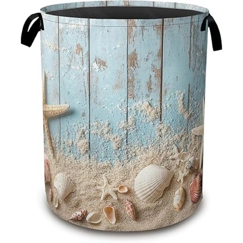 Large Laundry Basket,Beach Seashell Starfish Collapsible Laundry Baskets,Blue Wooden Waterproof Oxford Hamper with Handles for Bathroom Bedroom Nursery Home Storage 16"x20"