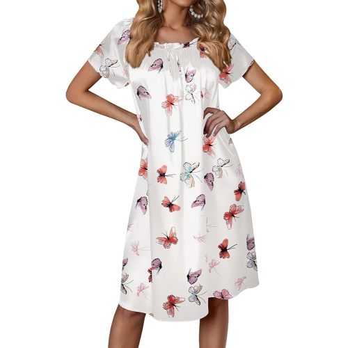 Ekouaer Women's Satin Silk Pleated Nightgown Loose Sleepwear Printed Nightshirt Short Sleeve Sleep Dress