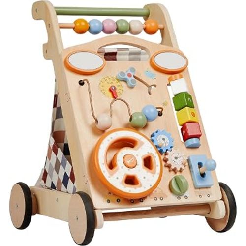 GROWNSY Wooden Baby Walker with Wheels, 3-in-1 Sit-to-Stand Baby Walker with Adjustable Speed, Montessori Push Walker Toy with 7-in-1 Removable Activity Panel, First Birthday Gifts for Boys & Girls