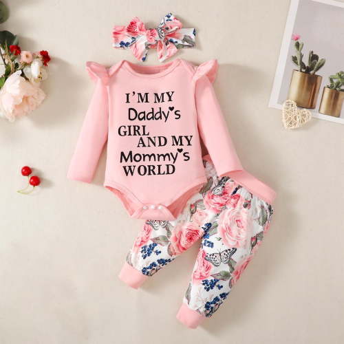 Thetops Newborn Baby Girl 3 Piece Outfit Set 9 Months Pink Cotton - Daddy's Girl Mommy's World Onesie, Floral Butterfly Pants & Headband with Snap Closure
