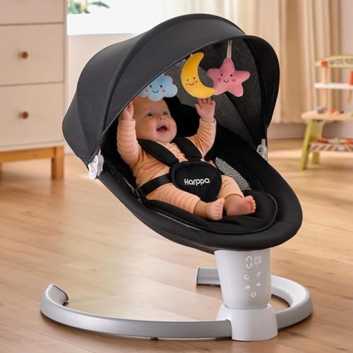 HARPPA Weddell Electric Baby Swing for Infants, 5-Point Harness, 5 Motion Levels, Remote & Touch Control, Built-in Melodies, Portable Baby Swing for Indoor Use,Matte Black