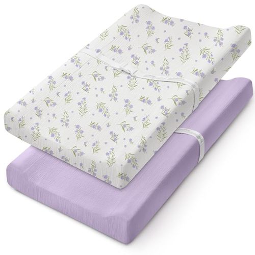 Muslin Changing Pad Cover for Girls Boys, 2 Pack Purple Flowers