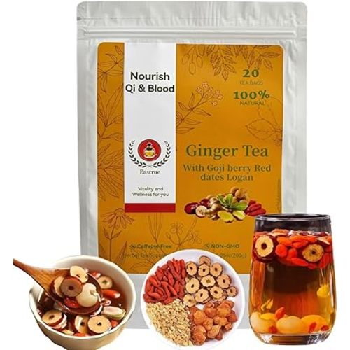 Eastrue GMP Certified Lactation Tea for Breastfeeding Moms | Ginger Tea with Goji Berry & Jujube Red Dates - Postpartum Essentials & Milk Supply Support | Traditional Chinese Herbal Tea for Women,Caffeine-Free,Organic (20Bags)
