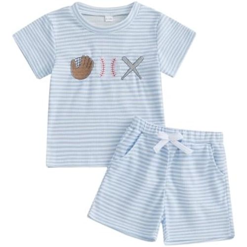 Toddler Baby Boy Girl Baseball Outfit Stripe Embroidery Short Sleeve T Shirt Tops Shorts Set Casual Summer Clothes