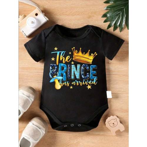 Infant's THE PRINCE Letter And Crown Print Bodysuit, Comfy Short Sleeve Outdoor Romper, Baby Boy's Clothing | SHEIN USA