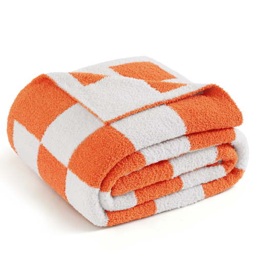 Whale Flotilla Checkered Knit Queen Size Blanket for Bed, Soft Fluffy and Cozy, 90"x90", Orange