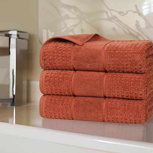 Superior Cotton Bath Towel Set, Zero Twist, Waffle Border, Large Plush Absorbent Body Towels, Luxury Soft Quick Drying, Shower, Spa, Hotel, Pool, Guest Bathroom, Home Essentials, Set of 3, Rust