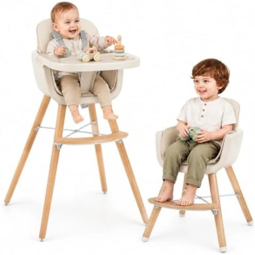 HONEY JOY Baby High Chair, 6-in-1 Eat & Grow Wooden Highchair/Toddler Chair with Removable Tray, 5-Point Harness, PU Cushion and Footrest, Convertible High Chair for Babies and Toddlers(Beige)