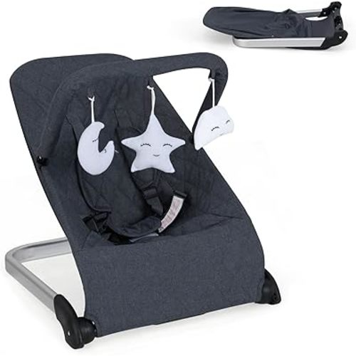 HONEY JOY Transat pour bébé, siège stationnaire pliable portable pour nouveau-né avec vibrations, barre de jouets amovible, harnais de sécurité, tissu lavable en machine, siège transat pour bébés de 0 à 6 mois (gris foncé)