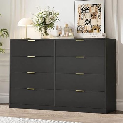 Black Dresser for Bedroom,47" Modern Large 8 Deep Drawer Dresser with Gold Handle,Wood Storage Organizer for Nursery Bedroom Living Room Hallway Closet
