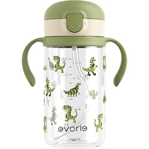 Evorie Tritan Spill Proof Toddler Straw Sippy Cup, 10 oz for Baby and Toddlers 1-3 Years Old, No Spill Straw Water Bottle with Removable Handles, Ideal for School, BPA-Free, Green Dino (NEW)