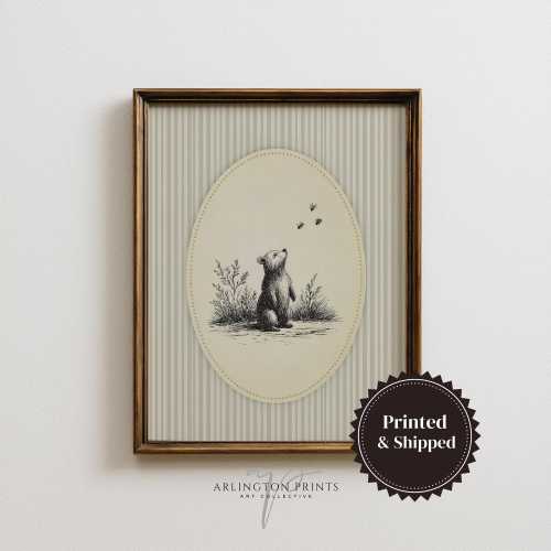 Woodland Bear & Bees Nursery Art – Neutral Vintage Unframed Giclée Print