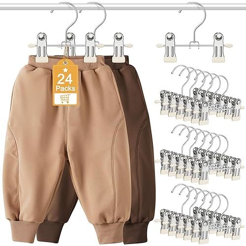 24 Pack Baby Hangers with Clips, 360°Rotatable Toddler Pant Hangers with Clips, Non-Slip Space Saving Kids Hanger for Newborn Children Clothes Skirts Boots Closet Organizers, Off-White
