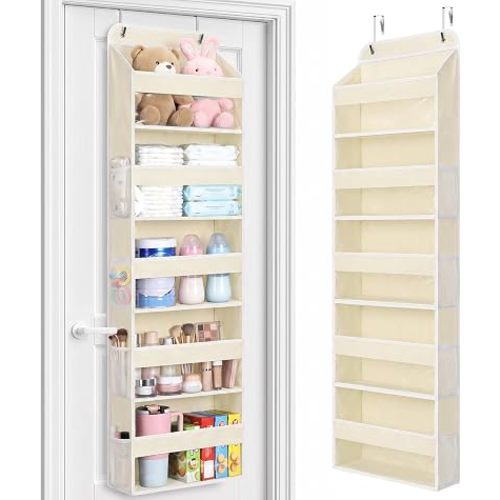 LAMU Over the Door Organizer, Large Capacity Behind the Door Storage with Clear PVC Windows, Back to School Supplies, Stuffed Animal Storage for Dorm Closet Nursery Bathroom Pantry, 5 Tier Cream White