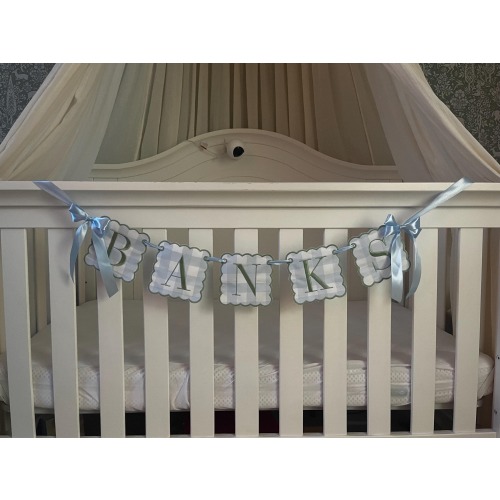 Custom Baby Name Banner, Scallopped Bow Name Banner, Embroidered Baby Banner, Blue and Green Baby Name Banner, Custom Embroidered Banner