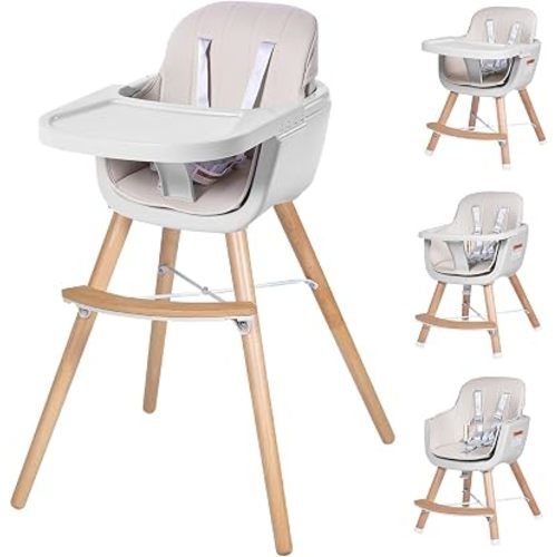 High Chairs for Babies and Toddlers,3 in 1 Convertible Wooden highchair, Baby High Chair with Adjustable Legs,5 Point Harness, Footrest, Dishwasher-Safe Tray & PU Leather Cushion, Beige