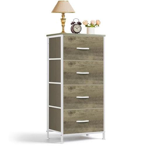 Nightstand, 4 Drawer Dresser End Table Bedside Furniture with Wooden Top Steel Frame Fabric Bins for Bedroom, Closet, Entryway, Dorm, Living Room, Black